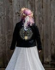 My Sun, My Moon & All My Stars Bridal Leather Jacket – a captivating black cover-up for a celestial-themed wedding