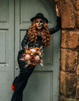 Mystical black leather jacket for brides featuring The Lovers Tarot Card – a custom and symbolic cover-up with a skeleton couple design for a unique wedding statement