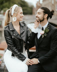 Gothic celestial wedding leather jacket for brides – Till Death embroidery adds a unique touch to this custom cover-up, perfect for a memorable and edgy wedding look