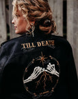 Bride wearing a Black Leather Jacket with Till Death embroidery.