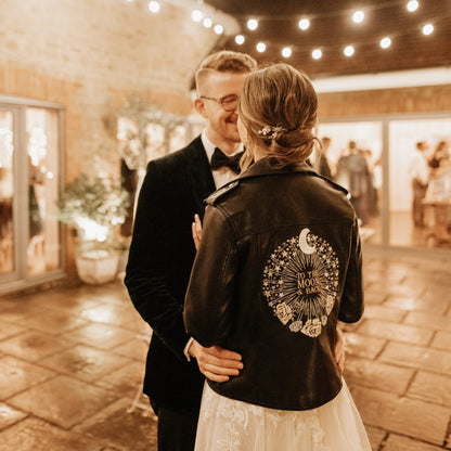 Celestial To The Moon & Back Leather Jacket – a unique and meaningful choice for a special wedding day