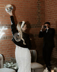 Zodiac-themed bridal jacket in a cropped style, crafted with moon and stars embroidery, adding a touch of celestial elegance to your wedding attire