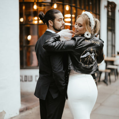 Custom Western gothic bride jacket with embroidered Till Death details – a stylish and celestial-inspired leather cover-up for brides seeking a distinctive wedding ensemble