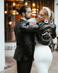 Custom Western gothic bride jacket with embroidered Till Death details – a stylish and celestial-inspired leather cover-up for brides seeking a distinctive wedding ensemble