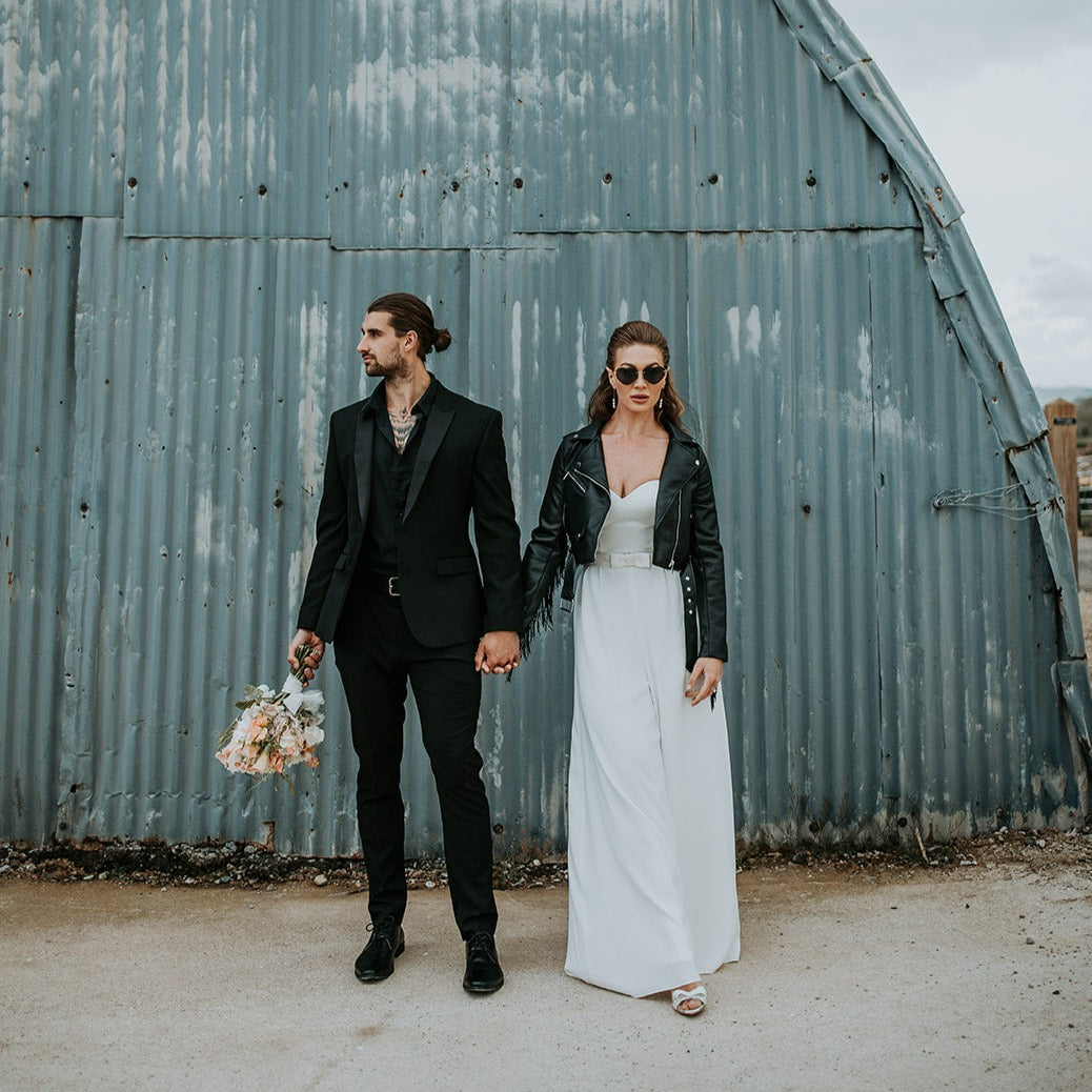 Custom bride leather jacket featuring Till Death embroidery – a gothic-inspired cover-up for brides with a taste for the unconventional in their wedding attire