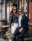 Custom Till Death embroidered leather jacket for brides – a Western gothic style cover-up, perfect for those seeking a unique and unconventional bridal ensemble