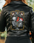 Customized black leather jacket with The Lovers Tarot Card for brides – a unique and symbolic cover-up, perfect for those seeking a mystical touch to their wedding attire