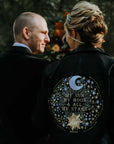 Black wedding jacket with a poetic twist – 'My Sun, My Moon & All My Stars' – an exquisite addition to your bridal attire