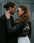 Bride's Western gothic leather jacket with celestial details – a custom Till Death embroidered cover-up, adding a touch of uniqueness to your wedding ensemble