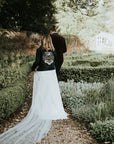 Celestial-themed bridal jacket with 'To The Moon & Back' inscription, perfect for a love-filled wedding