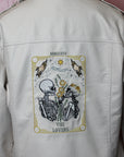 Cream leather bridal cover-up adorned with The Lovers Tarot Card, a unique addition to your wedding ensemble