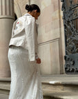 Bride wearing an Ivory Faux Leather Jacket on her Wedding Day in Barcelona