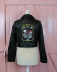 Custom bride leather jacket with The Lovers Tarot Card – a black bridal cover-up featuring a skeleton couple design, perfect for those looking to add a mystical and symbolic element to their wedding look