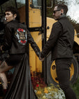Black leather bridal jacket featuring 'Till Death - Alternative Bride' – a chic and rebellious cover-up for the unconventional bride