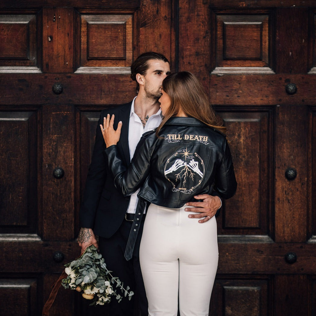 Western gothic bride's leather jacket with celestial embroidery – a custom and edgy bridal cover-up for a distinctive and bold wedding look