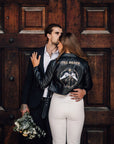 Western gothic bride's leather jacket with celestial embroidery – a custom and edgy bridal cover-up for a distinctive and bold wedding look