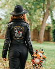 Black bride leather jacket featuring The Lovers Tarot Card – a unique and custom bridal cover-up for a wedding ensemble with mystical and symbolic flair