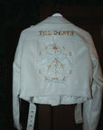 Bride's ivory leather jacket featuring Zodiac embroidery and a Skeleton Couple Pinky Promise – a whimsical and custom bridal cover-up for a standout wedding ensemble