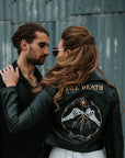 Gothic celestial bride leather jacket with Till Death embroidery – a custom and trendy bridal cover-up for brides looking to make a statement on their wedding day