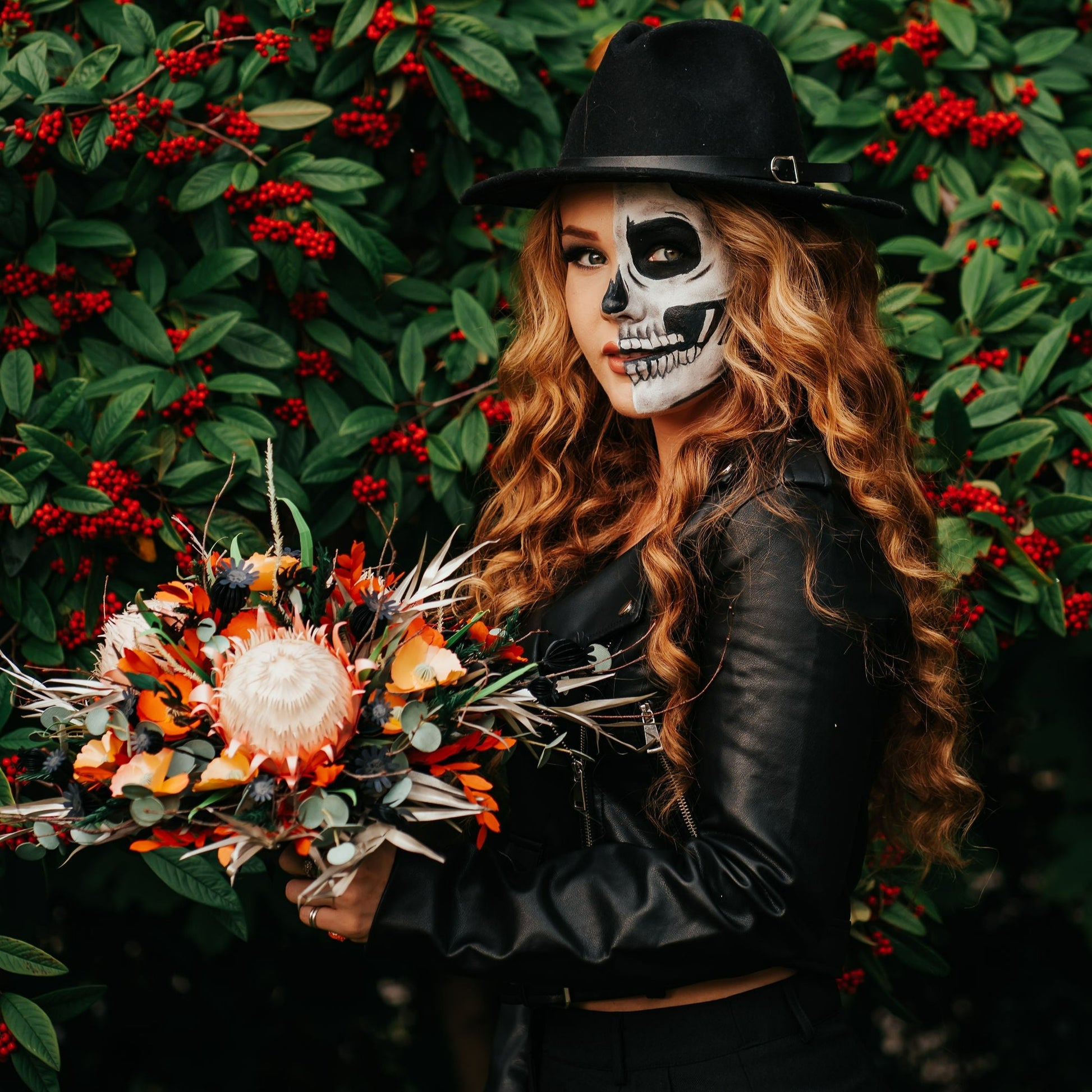 Unique bride's leather jacket in black with The Lovers Tarot Card – a custom cover-up with a skeleton couple design, ideal for brides seeking a distinctive and symbolic wedding ensemble