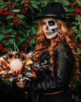 Unique bride's leather jacket in black with The Lovers Tarot Card – a custom cover-up with a skeleton couple design, ideal for brides seeking a distinctive and symbolic wedding ensemble