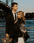 Bridal leather jacket with celestial details and a loving message, adding a romantic touch to your wedding attire