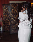 Ivory 'Till Death' Bridal Cover Up: Make a statement on your special day with this celestial-inspired ecru jacket, intricately embroidered for a touch of sophistication