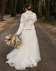Ivory Celestial Till Death Bridal Cover Up: A stunning Ecru Embroidered Jacket, perfect for adding a touch of celestial elegance to your wedding ensemble