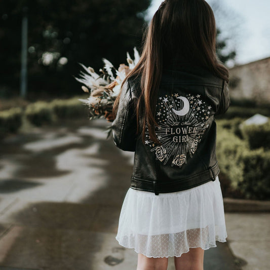 Celestial Flower Girl Wedding Jacket: Delight your flower girl with this embroidered kids jacket, featuring a celestial design—a charming and personalized gift for the little star of your wedding