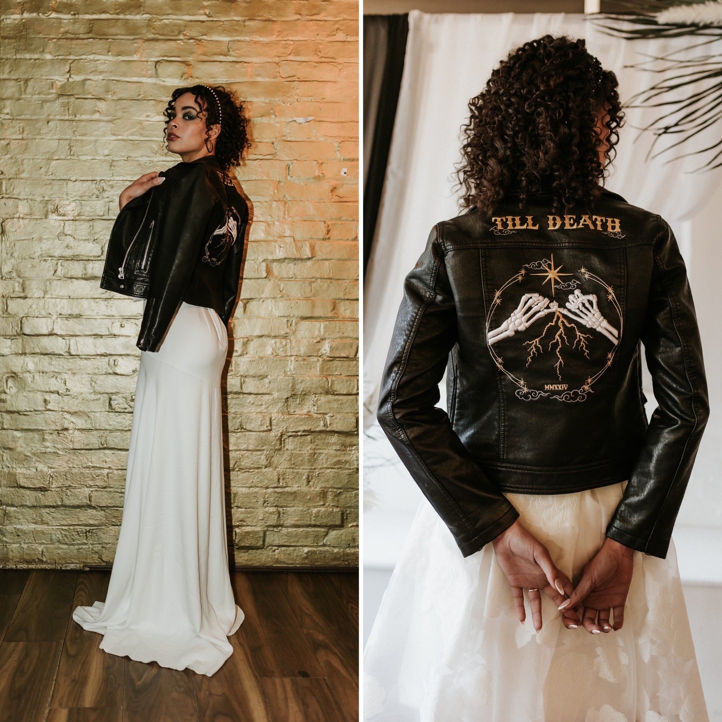 Edgy and elegant bridal jacket crafted in leather, adorned with celestial motifs for a cosmic wedding aesthetic