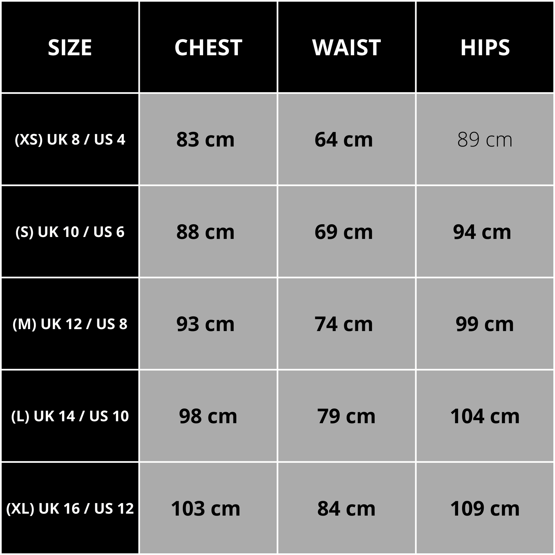 A graphical representation of various sizes and measurements to help customers find their perfect fit