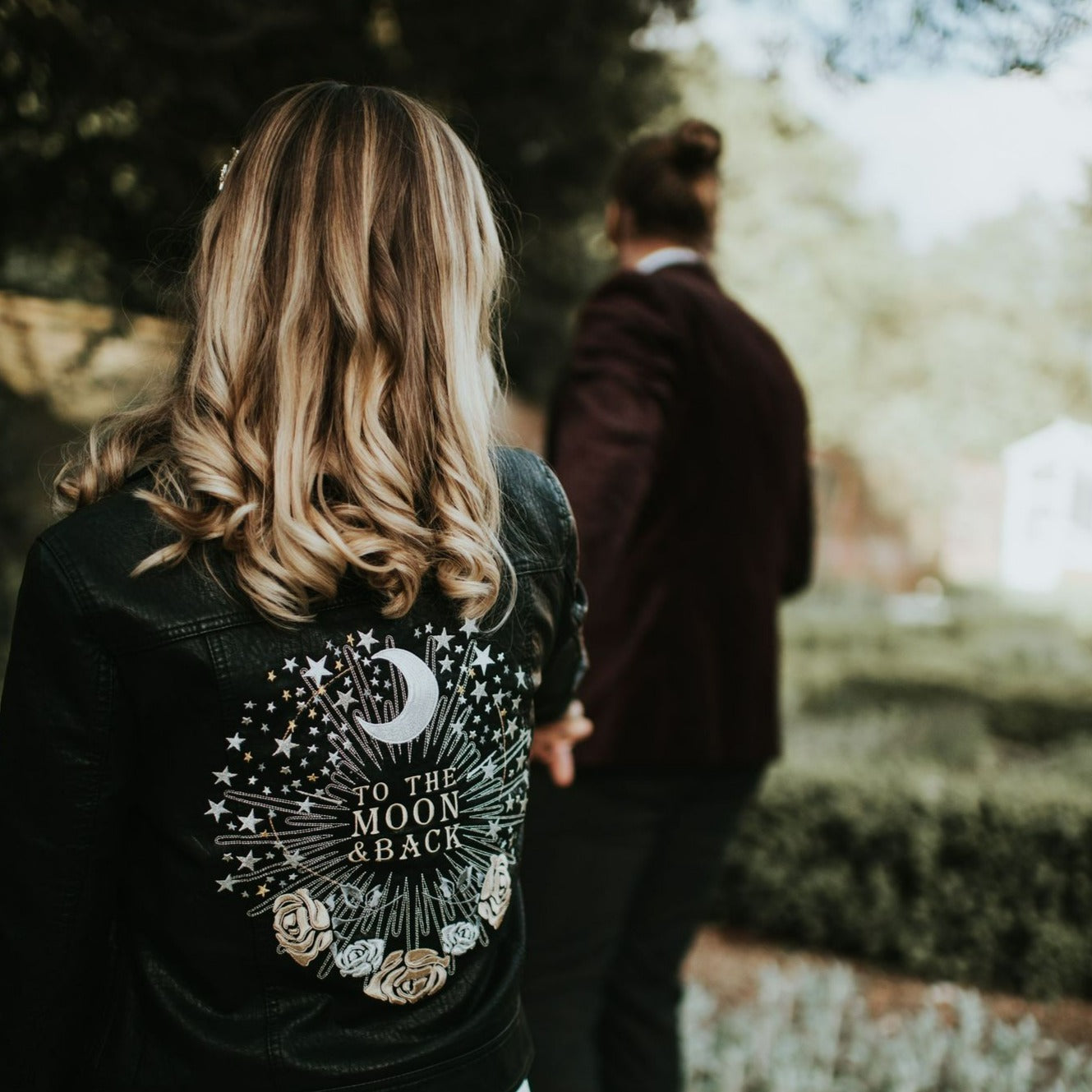 To The Moon &amp; Back Bridal Leather Jacket – a romantic choice for a celestial-themed wedding