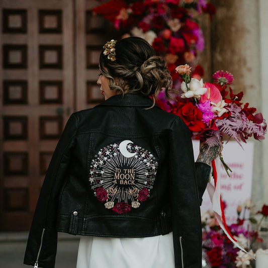 To The Moon & Back Autumnal Bridal Leather Jacket – a celestial-inspired cover-up for a fall wedding
