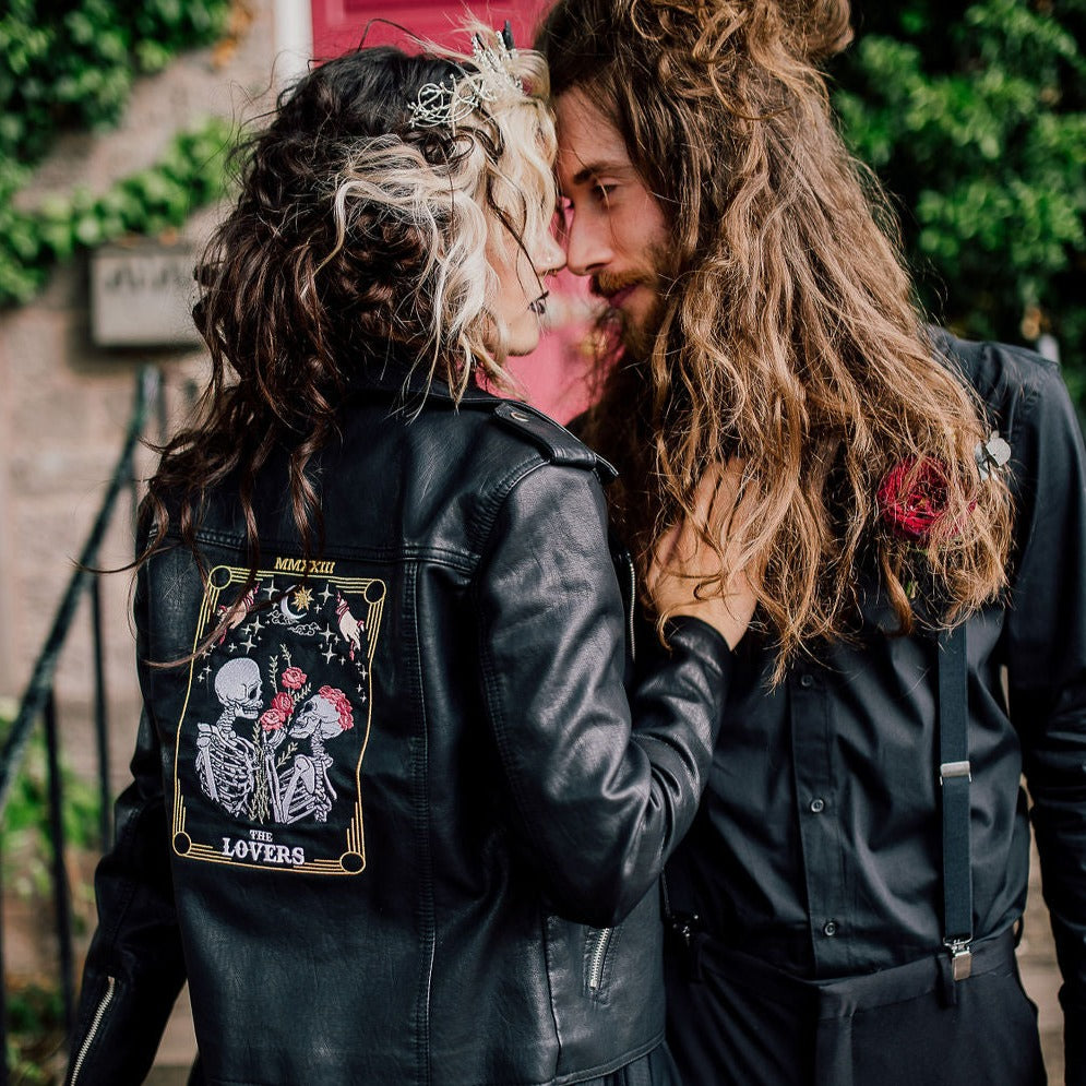 Black Leather Bridal Jacket with Tarot Card details – a stunning and mysterious cover-up for your special day