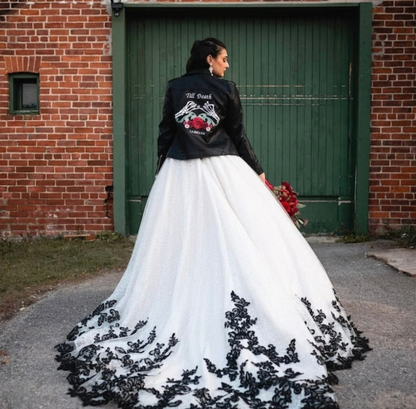 Floral Bride Jacket for Gothic Wedding - Custom Embroidered Black Leather Jacket with Skeleton Pinky Promise Design