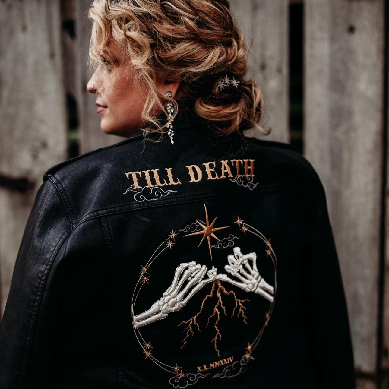 Bride wearing a Black Leather Jacket with Till Death embroidery.