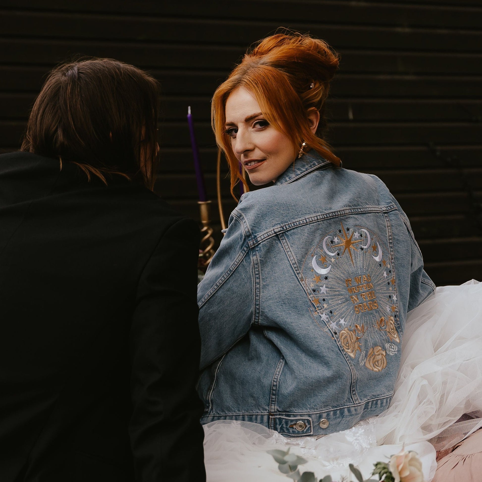 Elegant Denim Wedding Jacket: Complete your bridal attire with this 'Written in the Stars' denim cover-up, offering a unique and sophisticated touch with delicate ecru embroidery