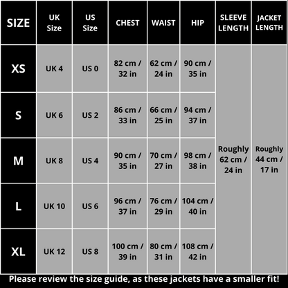 A graphical representation of various sizes and measurements to help customers find their perfect fit