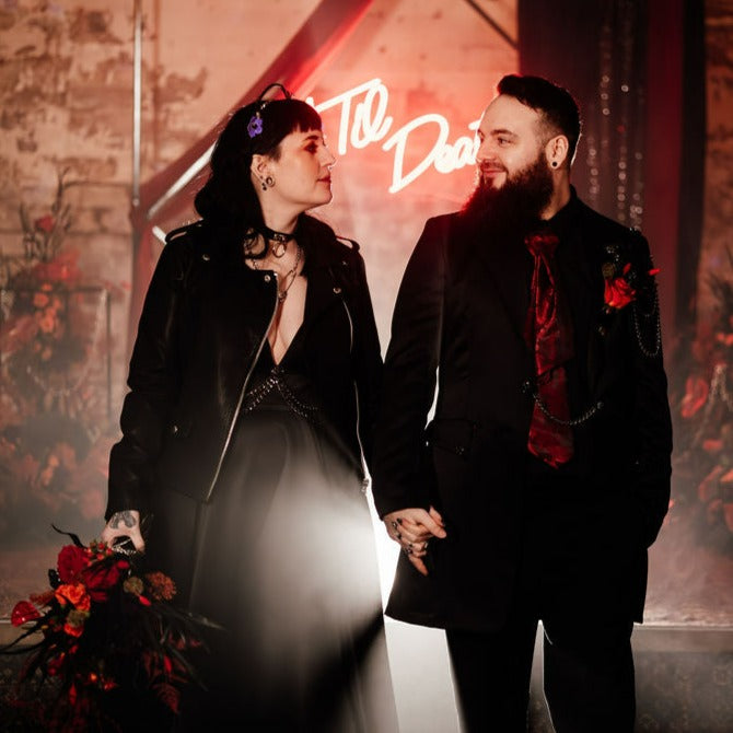 Bridal cover-up: Custom black biker jacket with gothic bride design