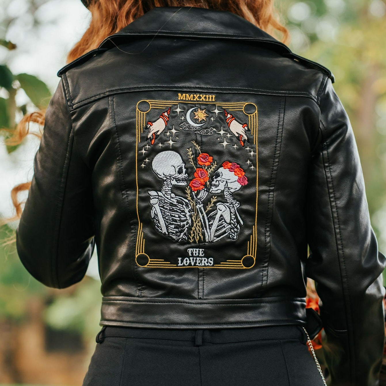 Customized black leather jacket with The Lovers Tarot Card for brides – a unique and symbolic cover-up, perfect for those seeking a mystical touch to their wedding attire