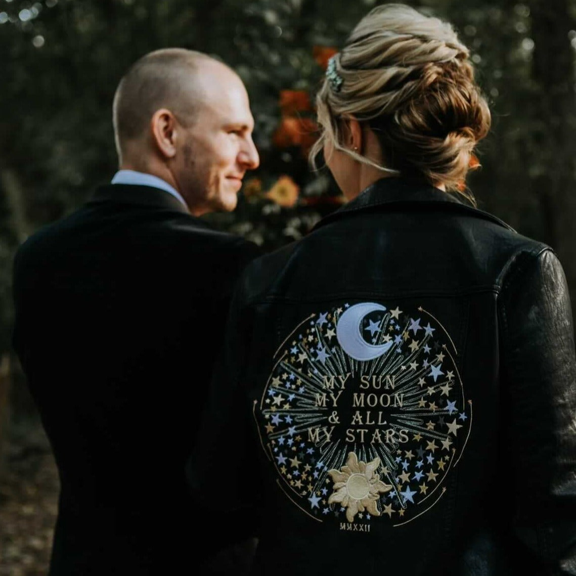 Black wedding jacket with a poetic twist – 'My Sun, My Moon & All My Stars' – an exquisite addition to your bridal attire