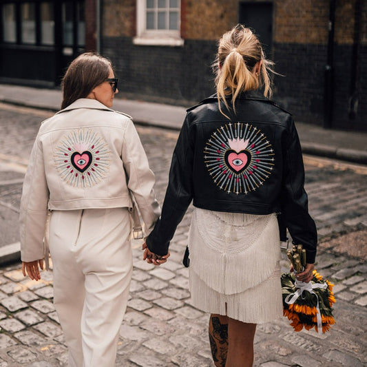 Black Evil Eye cropped bridal jacket – a unique and edgy leather cover-up for brides, featuring intricate biker jacket embroidery for a bold wedding look
