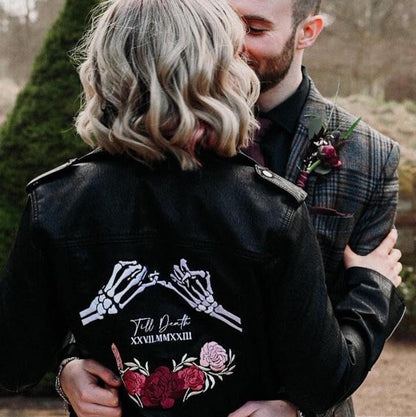Till Death Pinky Promise with Florals Black Leather Bridal Jacket – a romantic and edgy cover-up for a unique wedding statement