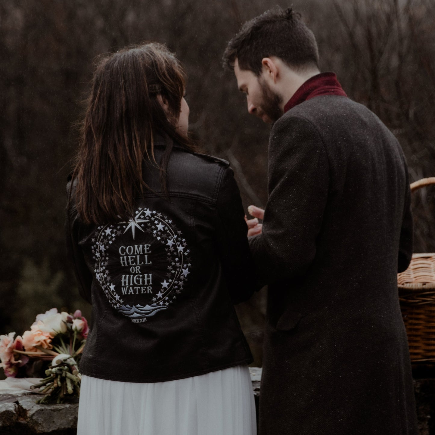Come Hell or High Water-themed Bridal Cover-Up – a black leather jacket for a strong and stylish wedding statement