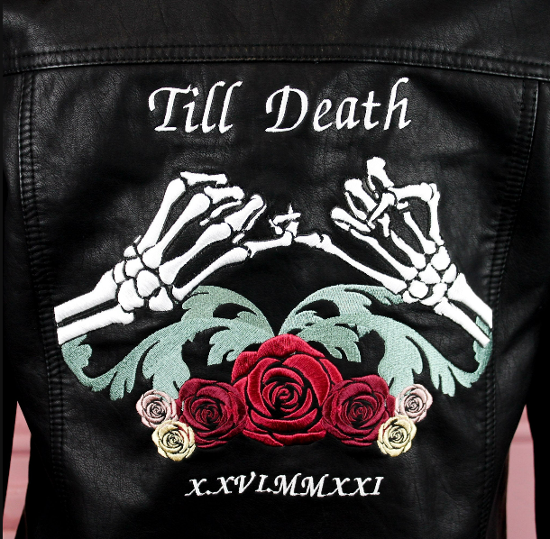 Gothic Wedding Statement - Black Bride Leather Jacket with Custom Embroidery and Skeleton Pinky Promise Detail