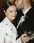 Ivory cropped jacket for brides with Zodiac embroidery and Skeleton Couple Pinky Promise – a unique and personalized bridal cover-up for a touch of romance on your special day