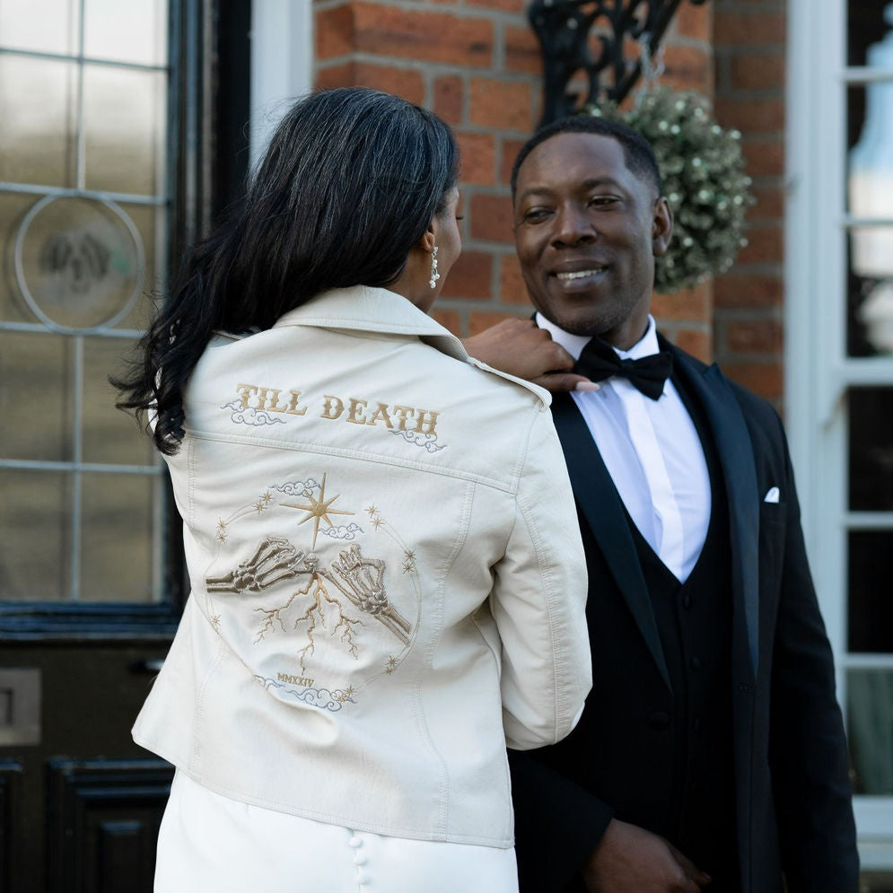 Ivory Bride Leather Jacket with Skeleton Pinky Promise Design - Custom Bridal Cover Up for Gothic Wedding
