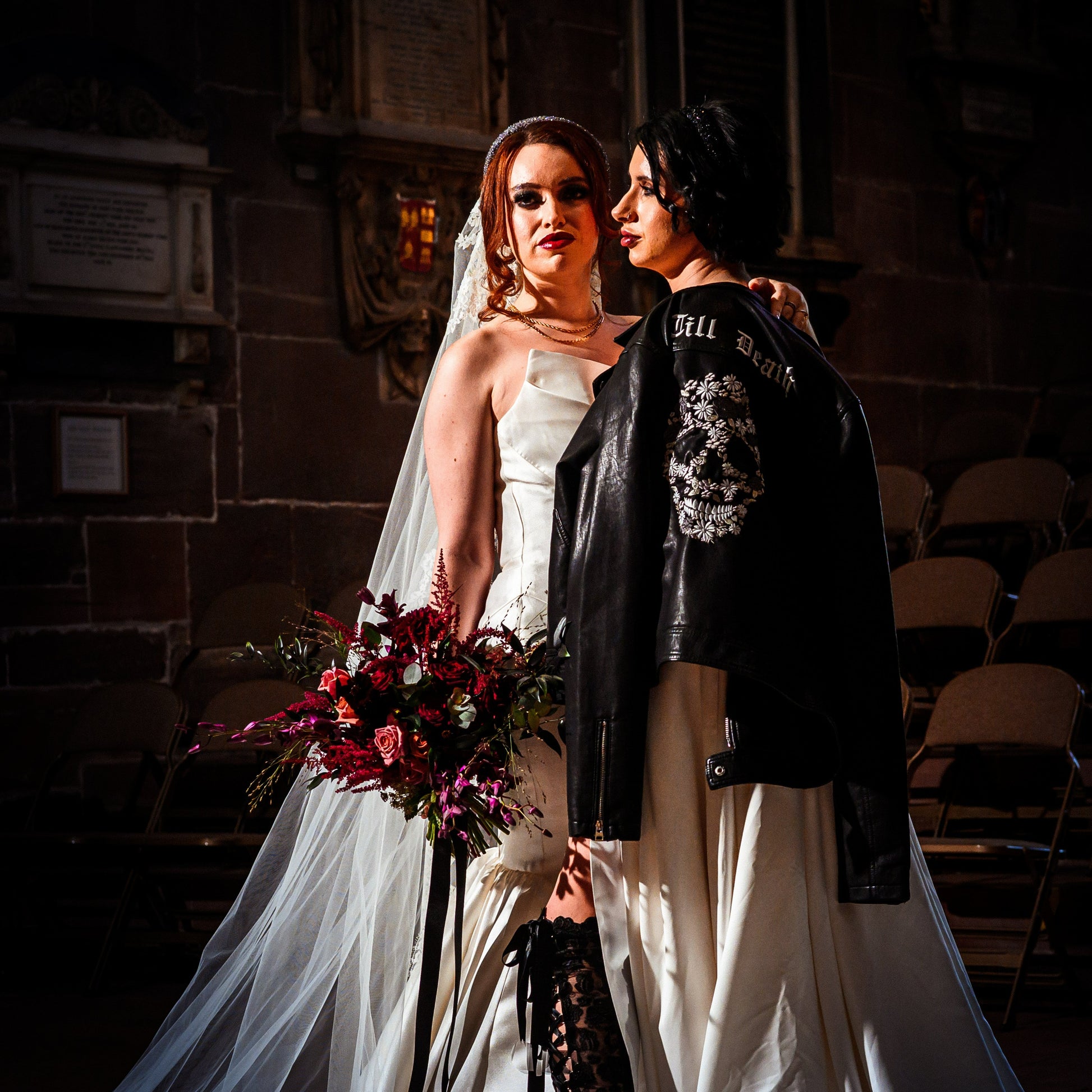 Floral Skull Till Death Bride-themed Bridal Cover-Up – a black leather jacket for a bold and stylish wedding statement