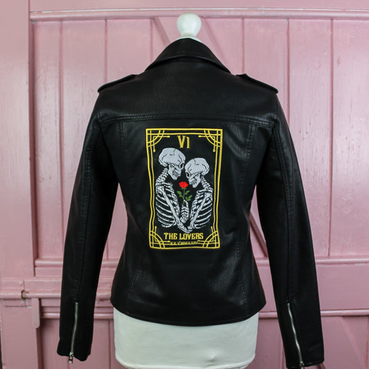 Gothic Tarot Card The Lovers Black Leather Bridal Jacket – a mysterious and enchanting cover-up for a uniquely themed wedding