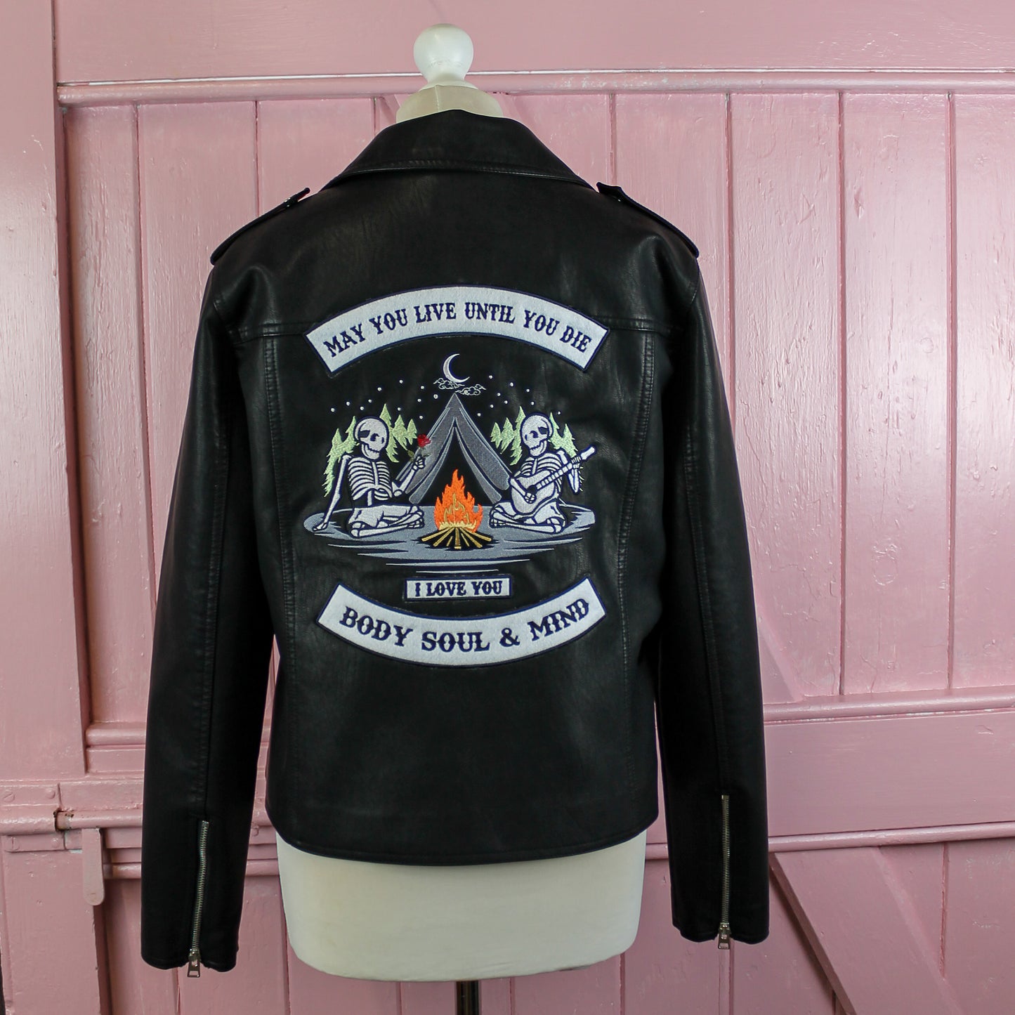 Custom embroidered leather jacket, perfect for weddings